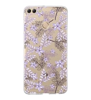 Huawei Y9 2018 Uyumlu Kapak Floral Lila Tasarımlı Şeffaf Silikon Kılıf