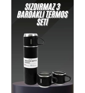 Termos Seti Paslanmaz Çelik 3 Bardaklı Vakumlu Termos Set 500 Ml 12 Saate Kadar Isı Koruma