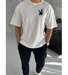 Erkek Kısa Kol Yazlık Tişört Bisiklet Yaka Baskılı Oversize T-Shirt - Beyaz