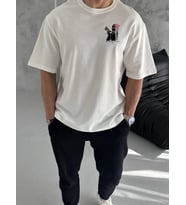 Erkek Kısa Kol Yazlık Tişört Bisiklet Yaka Baskılı Oversize T-Shirt - Beyaz