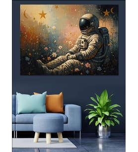 Uzayda Oturan Yalnız Astronot Figürü Dekoratif Kanvas - Mdf Ahşap Tablo
