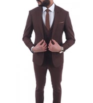Yelekli  Slimfit Drop 6 Takım Elbise (Kahverengi)