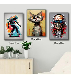 dj iskelet kaykaylı çocuk şaşkın kedi tablosu 3 adet 35cmx50cm kumaş baskılı canvas tablo