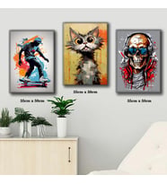 dj iskelet kaykaylı çocuk şaşkın kedi tablosu 3 adet 35cmx50cm kumaş baskılı canvas tablo
