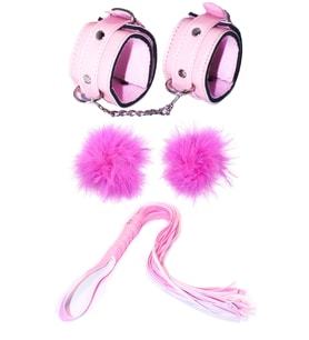 Pembe Deri Kırbaç Kelepçe Ve Göğüs Ucu 3'lü Fantezi Set