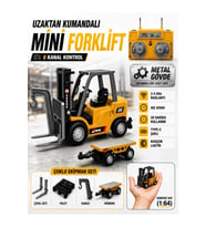 Uzaktan Kumandalı Şarjlı Mini Forklift 1:64 Die-Cast Metal - Römorklu Çatallı Kancalı Tam Set 11 cm