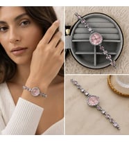 Premium Parlak ve Şık Gümüş Renk Pembe Taş ve Kadran Detaylı Kadın Saat