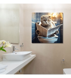 Tekli Kare Kanvas Banyo Tablosu Gazete Okuyan Scottish Fold