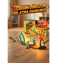 Dinozor Temalı Fırlatma ve Yarış Pisti Seti - 3 Arabalı, 360 Çemberli T-Rex Parkuru (30 Parça)