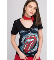 8070707 V Yaka Baskılı Yırtık Detaylı Kısa Kol T.Shirt SIYAH (Siyah)
