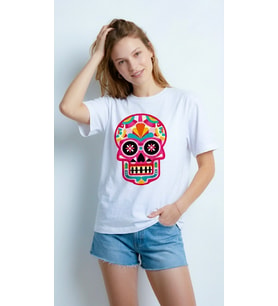 Kadın Beyaz Renkli Meksika Kurukafası (Calavera) Baskılı Bisiklet Yaka Oversize Tişört
