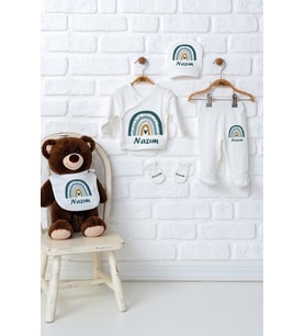 Pia Baby Premium %100 Pamuk 5’li Zıbın Set  İsme Özel Hastane Çıkışı Yenidoğan Bebek Hediyesi 5092-08 (Ekru)