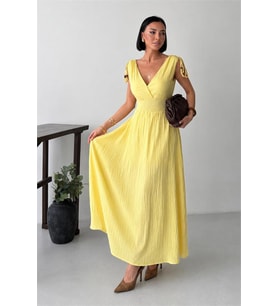 Neşeli butik kadın sarı bel lastikli kruvaze yaka omuz bağlama detaylı tam boy elbise NBG133
