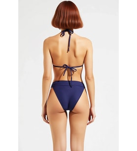 Kadın Bikini Takımı Üçgen Kaplı Boyundan Bağlamalı Brazilian Alt Normal Bel Taş Detaylı Balensiz