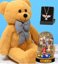Büyük Boy Kahverengi Peluş Ayıcık, Kişiye Özel Led Işıklı Fanus ve Renkli Zümrüdü Anka Kuşu Kolye (Model 7)