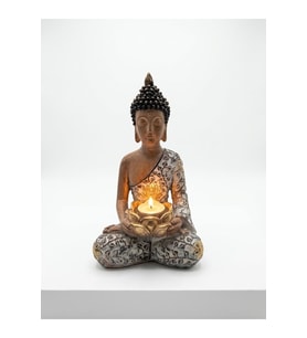 Kişiye Özel Lotus Mumluklu Buda Heykeli Bakır Gümüş Reçine Tealight Mum Tutuculu Dekoratif Biblo 29 cm