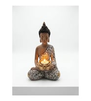 Kişiye Özel Lotus Mumluklu Buda Heykeli Bakır Gümüş Reçine Tealight Mum Tutuculu Dekoratif Biblo 29 cm
