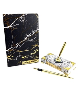 Premium İsimli Özel Ofis Seti - Mermer Tasarımlı Defter ve Mermer Tasarımlı Kaideli İmza Kalemli (Model 1)