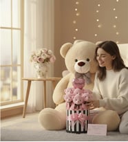 Premium 90 cm Peluş Ayı ve Silindir Kutuda, Kalpli Balonlu 6’lı Pembe Ayıcık Buketi (Bej)