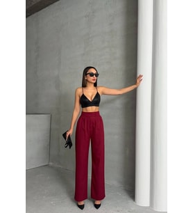 kadın bordo beli cırtlı palazzo kumaş pantolon NBG063