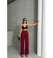 kadın bordo beli cırtlı palazzo kumaş pantolon NBG063