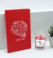 BK Gift Sevgililere Özel İsimli Kırmızı Defter ve Cam Bardakta Kalp Figürlü Kokulu Mum Hediye Seti-9, Sevgiliye Hediye, Sevgililer Günü