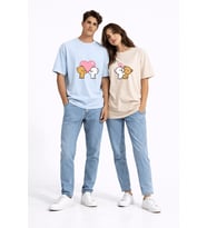 Sevgili Kombini Ayıcık Kalp Baskılı Çift Tişört Oversize Unisex Partner Kombin Seti (Mavi)