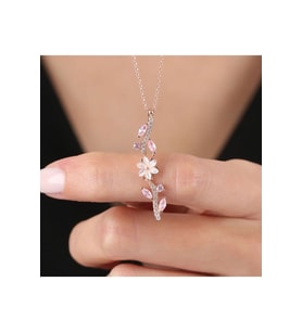 Pink Taşlı Manolya Çiçeği Zarafet Bağı Rose Renk Flowers 925 Ayar Gümüş Kolye
