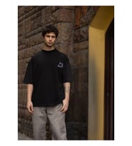 Unisex Bisiklet Yaka Baskılı Oversize T-Shirt - Siyah