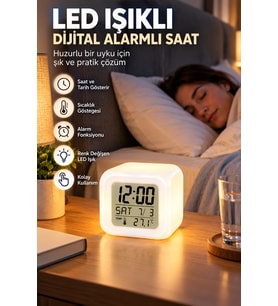 Lexroo Dekoratif Küp Saat LED Işıklı Dijital Saat Alarm ve Sıcaklık Özellikli
