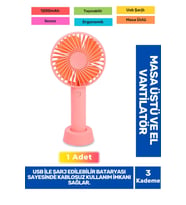 Sessiz 3 Kademeli Hafif Kablosuz 1200mAh Pervaneli Taşınabilir Usb Şarjlı Masa El Fanı Vantilatör