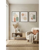 Doğal Tonlarda Modern Geometrik ve Yaprak Motifli 3’lü Ahşap Çerçeveli Tablo Seti