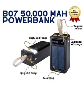 B07 50.000mAh Dijital Göstergeli Çoklu Kablolu Taşınabilir 22.5W Hızlı Şarjlı 3 Mod Fenerli Powerbank Kamp Uyumlu Dayanıklı 5 Cihazı Aynı Anda Şarj Edebilir