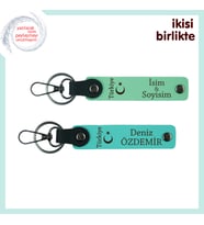 Evlilik Yıldönümüne Özel Ayyıldız ve Türkiye Tema İsim Yazılı 2’li Anahtarlık, Açık Yeşil-Turkuaz