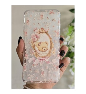 Iphone 7 Plus / 8 Plus Uyumlu Sevimli Ayıcık ve Çiçek Desenli Şeffaf Telefon Kılıfı