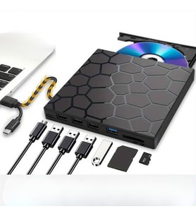 TechTic 8’si 1 Arada Harici CD DVD Yazıcı USB 3.0 Type-C – Çoklu USB Hub, SD/TF Kart Okuyucu, Taşınabilir Optik Sürücü