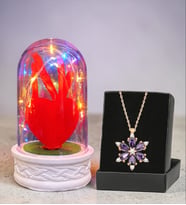 Premium Set Renkli Led Işıklı Fanus ve Gerçek Ametist Taşlı Lotus Kolye (Model 6)