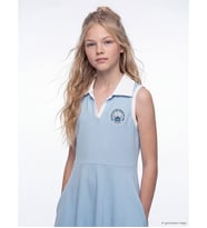 LCW Kids Mavi Polo Yaka Lilo & Stitch Nakışlı Kız Çocuk Elbise