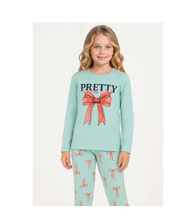 Kız Çocuk Pretyy Baskılı Uzun Kollu %100 Pamuklu  Pijama Takımı  2/5 Yaş (Yeşil)