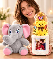 Kişiye Özel Fotoğraflı LED Işıklı Fanuslu Ayıcık Buketi ve Peluş Fil Hediye Seti