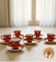 %100 El Yapımı Kütahya 6li Çini Fincan Takımı (Kırmızı)