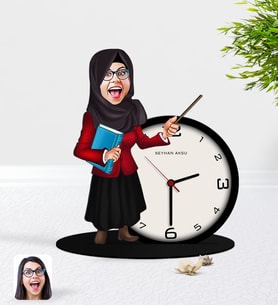 BK Gift Kişiye Özel Tesettürlü Kadın Öğretmen Karikatürlü Ahşap Masaüstü Biblo Saat-3 (Beyaz)