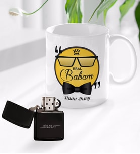 BK Gift Kişiye Özel Kral Babam Tasarımlı Kupa Bardak ve Benzinli Çakmak Seti - Model 1