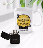 BK Gift Kişiye Özel Kral Babam Tasarımlı Kupa Bardak ve Benzinli Çakmak Seti - Model 1