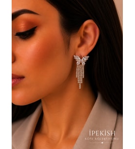 İpekish Gold Kelebek Figürlü Zirkon Taşlı Sallantılı Kadın Küpe Işıltılı Çelik Küpe Özel Gün & Davet Küpesi