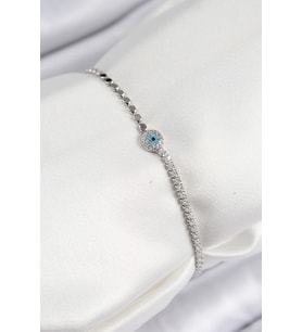 Pirinç Zirkon Taşlı Nazar Model Ezme Zincir Gümüş Renk Kadın Bileklik 5886 - SSSSSS7967-2199