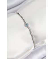 Pirinç Zirkon Taşlı Nazar Model Ezme Zincir Gümüş Renk Kadın Bileklik 5886 - SSSSSS7967-2199