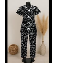 Fantezia Night Kadın Siyah Beyaz Kalp Desenli Fiyonklu Kısa Kollu Pijama Takımı