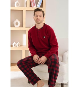 Pijamoni Erkek Düğme Yaka Kışlık Polar Pijama Takımı 6100/11,1 - 1 Adet (Bordo)