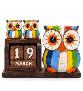 Ahşap Baykuş Figürlü Sonsuz Takvim Masa Üstü Dekoratif Ahşap Takvim Ev Ofis Dekoru 11x16 Cm